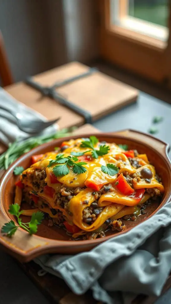 A delicious Squash and Lentil Enchilada Casserole with vibrant colors and layers.