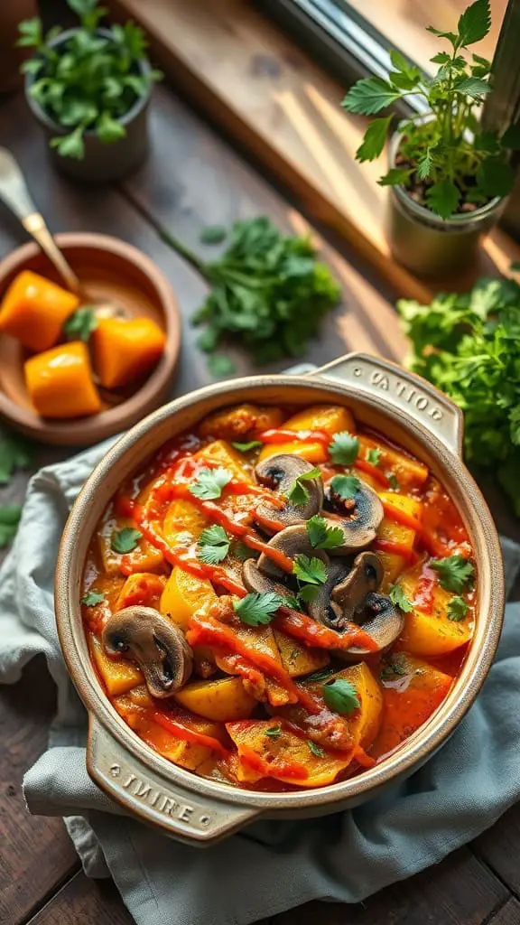 A delicious serving of squash and mushroom enchilada casserole, showcasing vibrant colors and fresh garnishes.