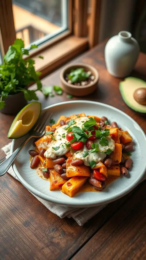 A delicious squash and pinto bean enchilada casserole served with toppings.