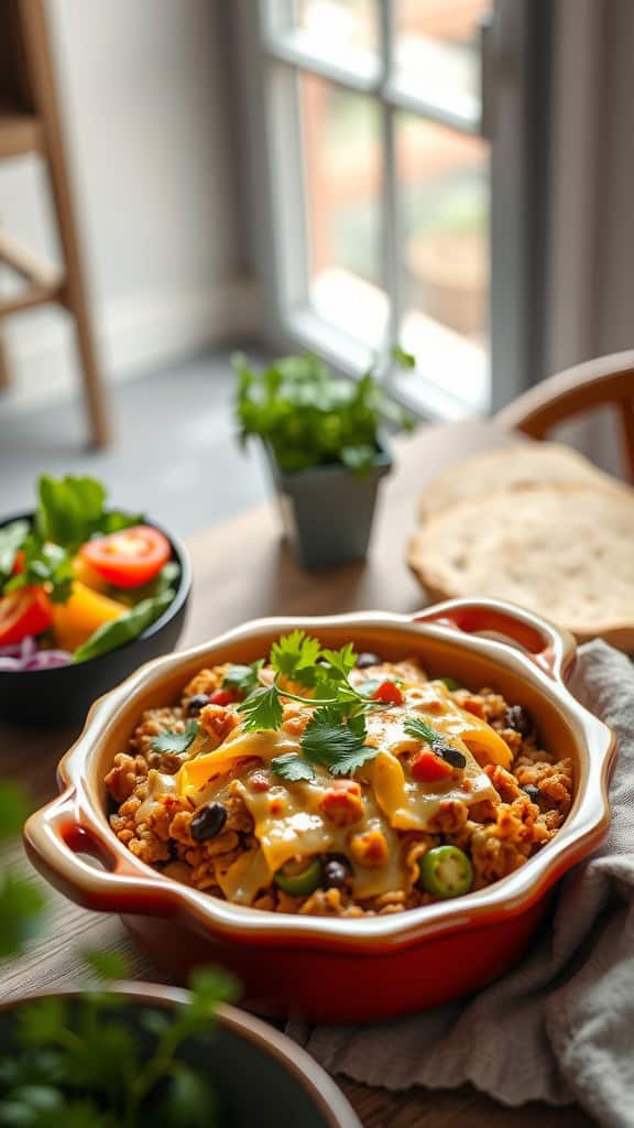 A delicious Squash and Rice Enchilada Casserole garnished with cilantro.