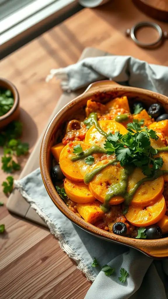 A delicious squash and salsa verde enchilada casserole topped with cheese and cilantro.