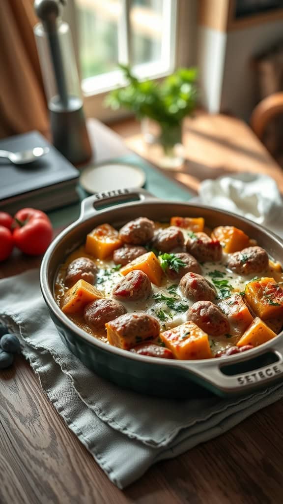 A delicious squash and sausage casserole with cheese topping.