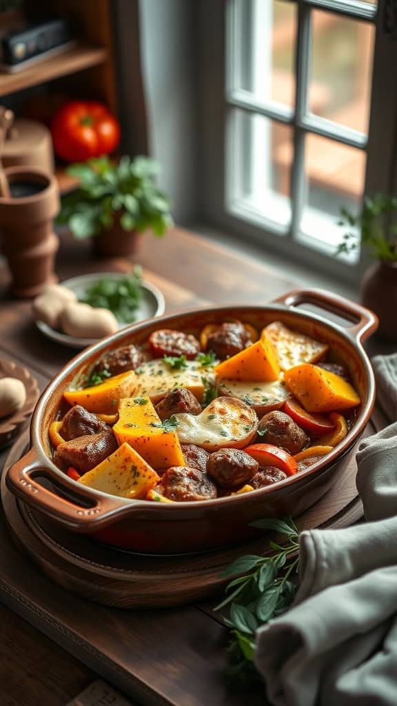 A hearty squash and sausage casserole with melted cheese and colorful vegetables.