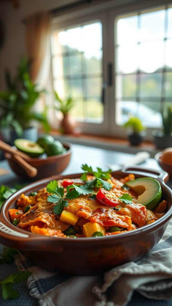 A delicious layered squash and spinach enchilada casserole topped with fresh herbs.