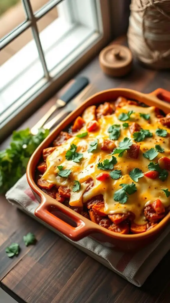 A delicious casserole made with squash and sweet potatoes topped with cheese and fresh herbs.