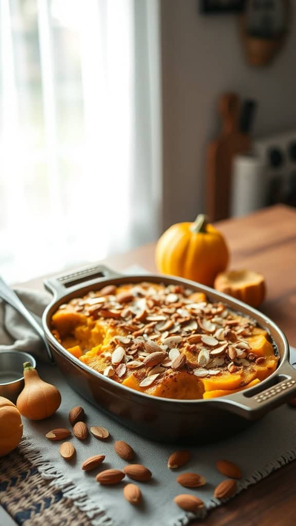 A delicious squash casserole topped with almonds.