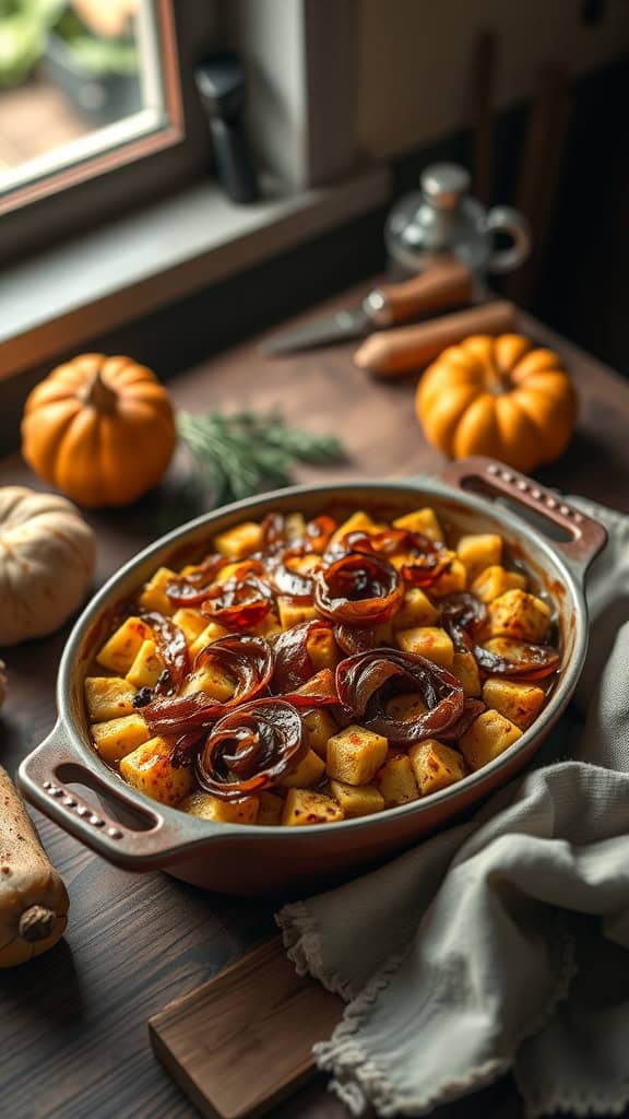 A delicious Squash Casserole topped with caramelized onions.