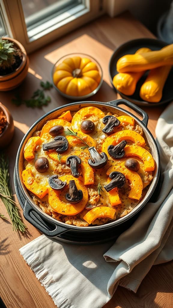 A squash casserole with mushrooms, cheese, and a golden cracker topping