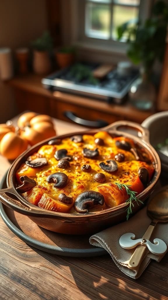 A cheesy squash casserole with mushrooms, baked until golden brown.