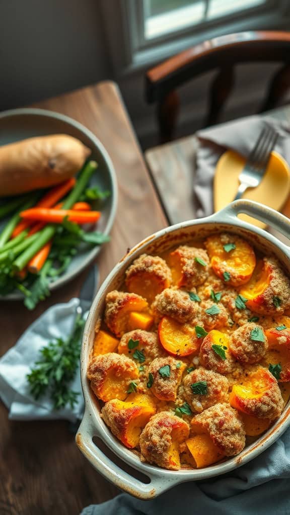 A delicious squash casserole with a crispy panko crust, garnished with herbs.