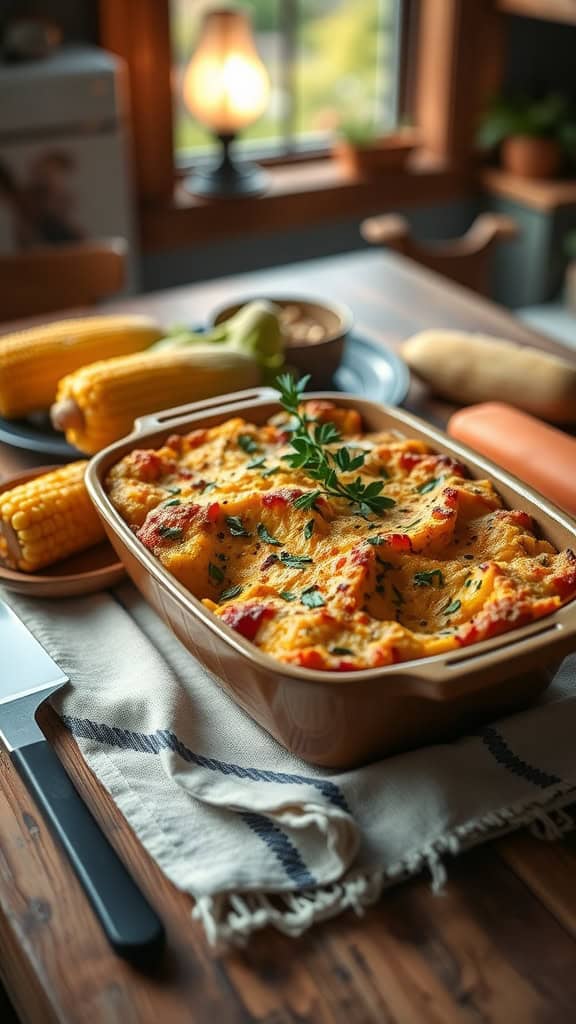 A delicious squash casserole with a crispy panko crust served in a baking dish