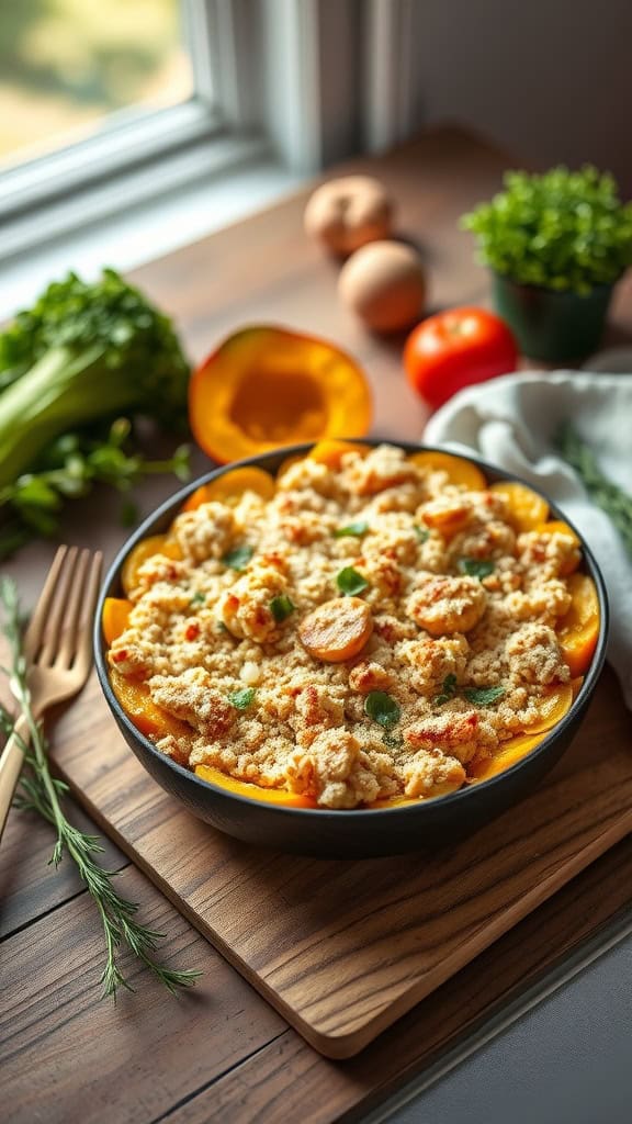 A delicious squash casserole topped with a crunchy parmesan and breadcrumb mixture.