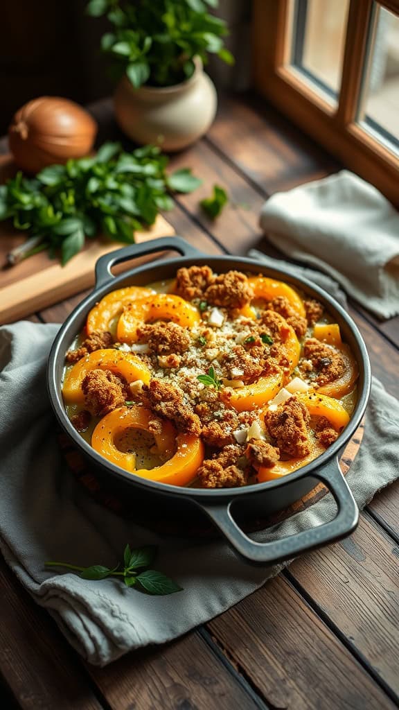 Delicious squash casserole topped with a crunchy parmesan and breadcrumb crust, served in a baking dish.