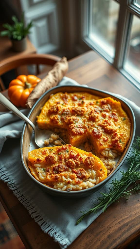 A delicious squash casserole with wild rice, topped with melted cheese and breadcrumbs, presented in a serving dish.