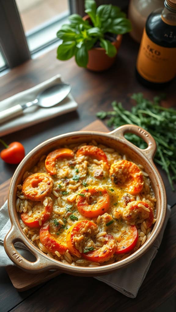 A delicious squash casserole with wild rice, featuring layers of creamy squash and topped with cheese.