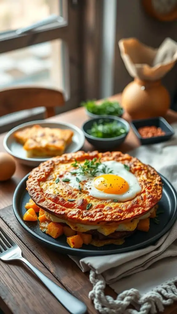 A hearty squash cornbread breakfast casserole topped with an egg, served on a plate.