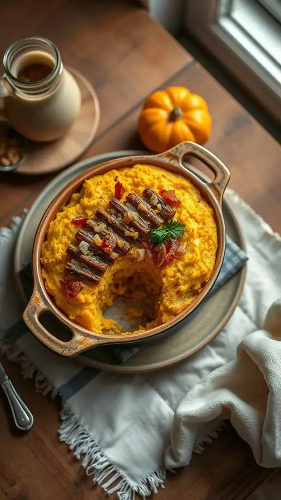 Squash Cornbread Casserole topped with bacon crumble