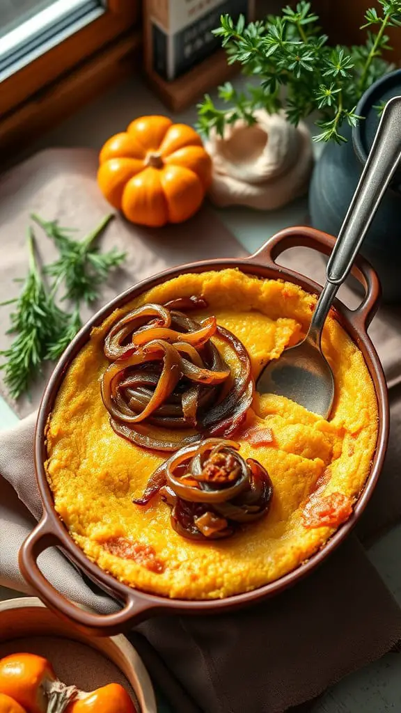 Delicious Squash Cornbread Casserole topped with caramelized onions