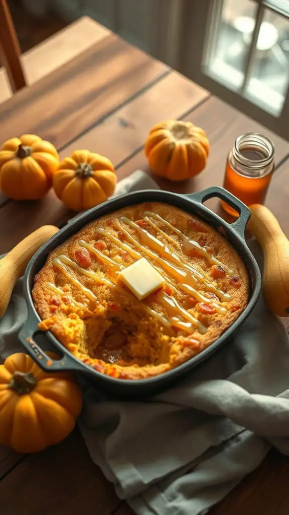 Delicious squash cornbread casserole topped with honey butter glaze.