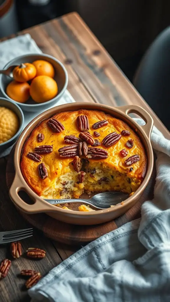 A delicious squash cornbread casserole topped with pecans, served in a round baking dish.