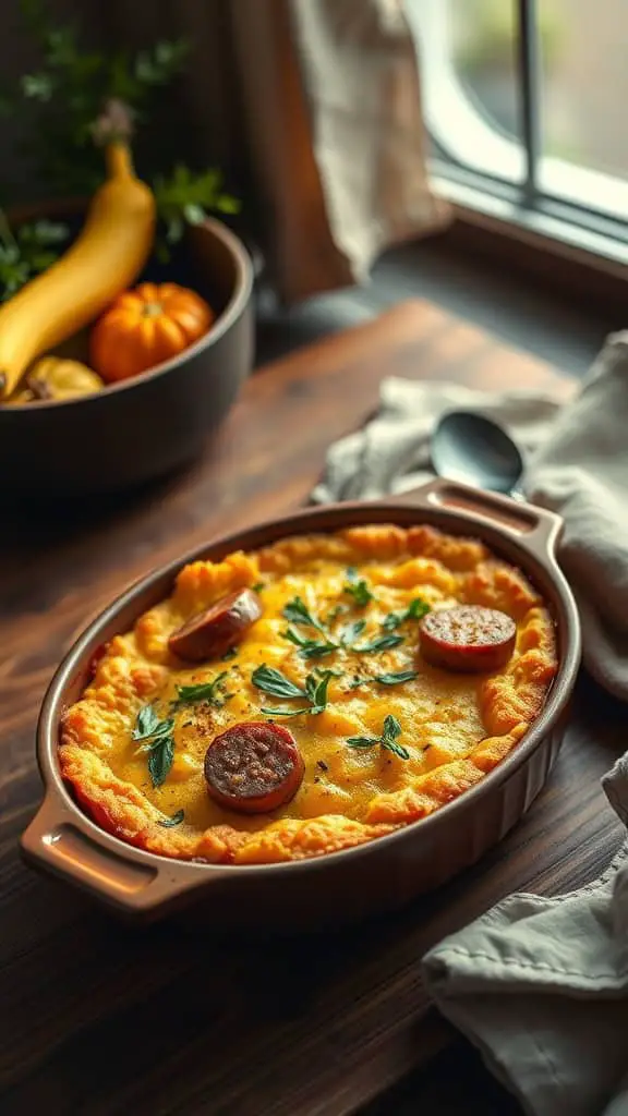 A delicious squash cornbread casserole with sausage garnished with herbs.