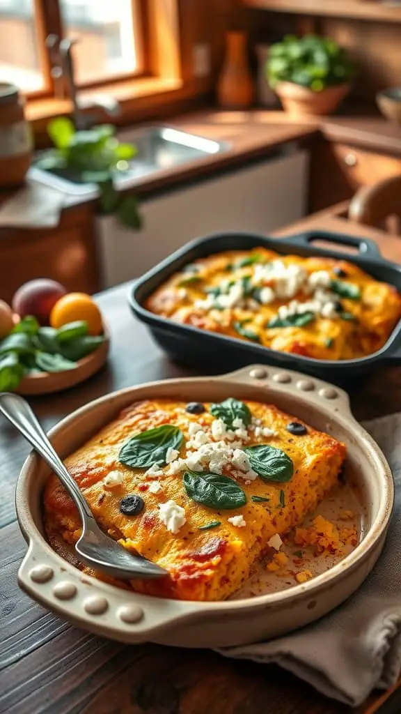 A delicious Squash Cornbread Casserole baked with spinach and feta.