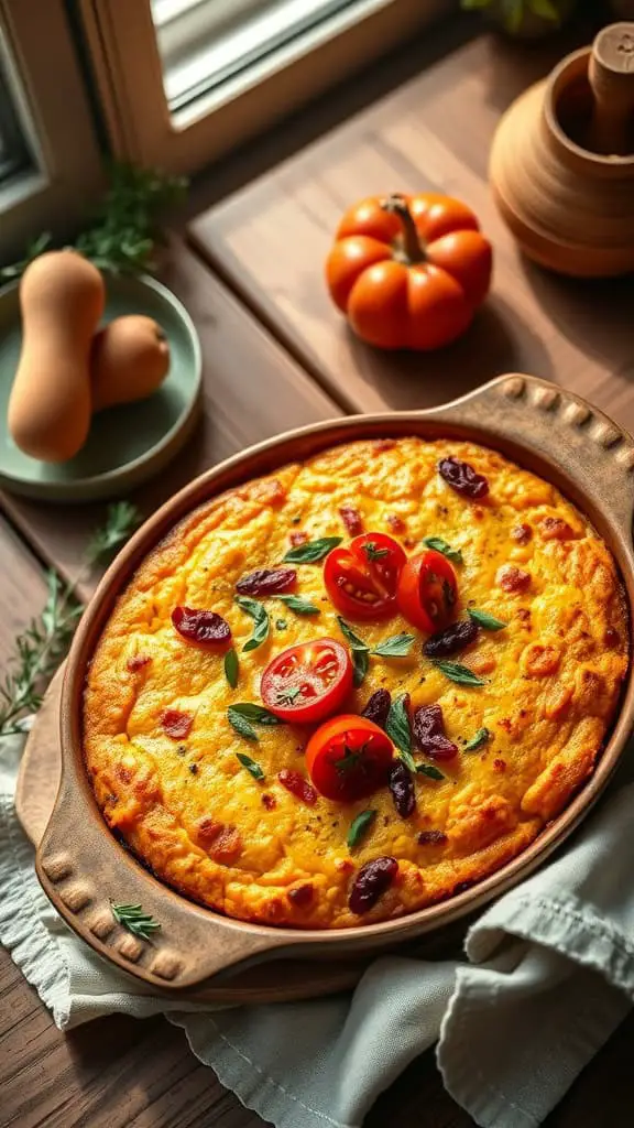 A delicious Squash Cornbread Casserole with sun-dried tomatoes, garnished with fresh herbs.