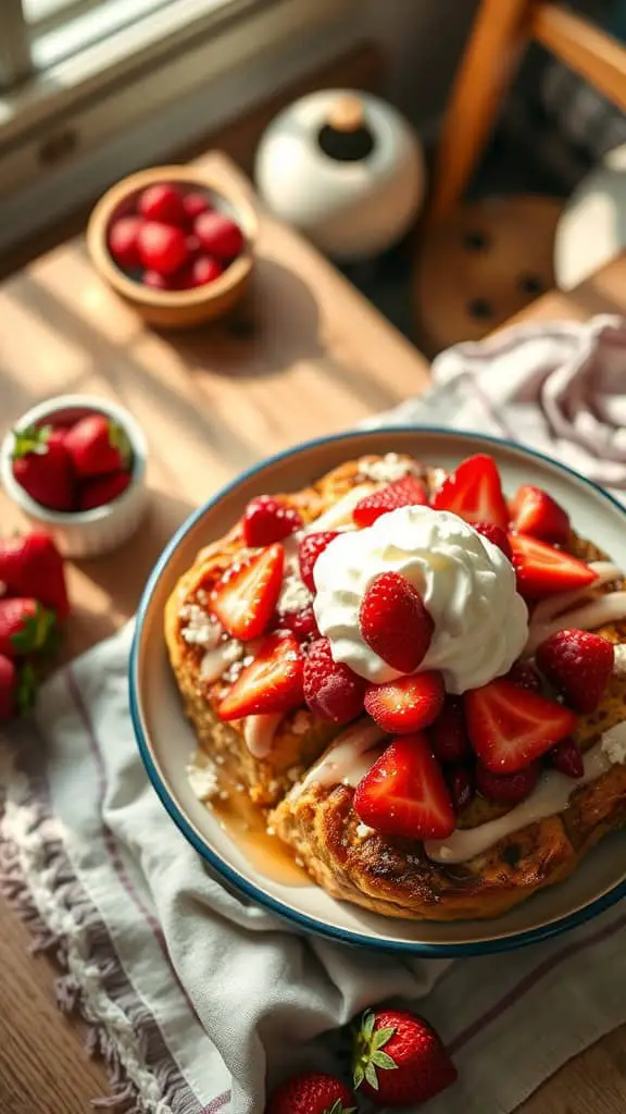 Strawberry Shortcake French Toast Casserole with fresh strawberries and whipped cream