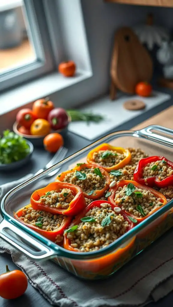 A colorful casserole dish filled with stuffed bell peppers, quinoa, and ground chicken.