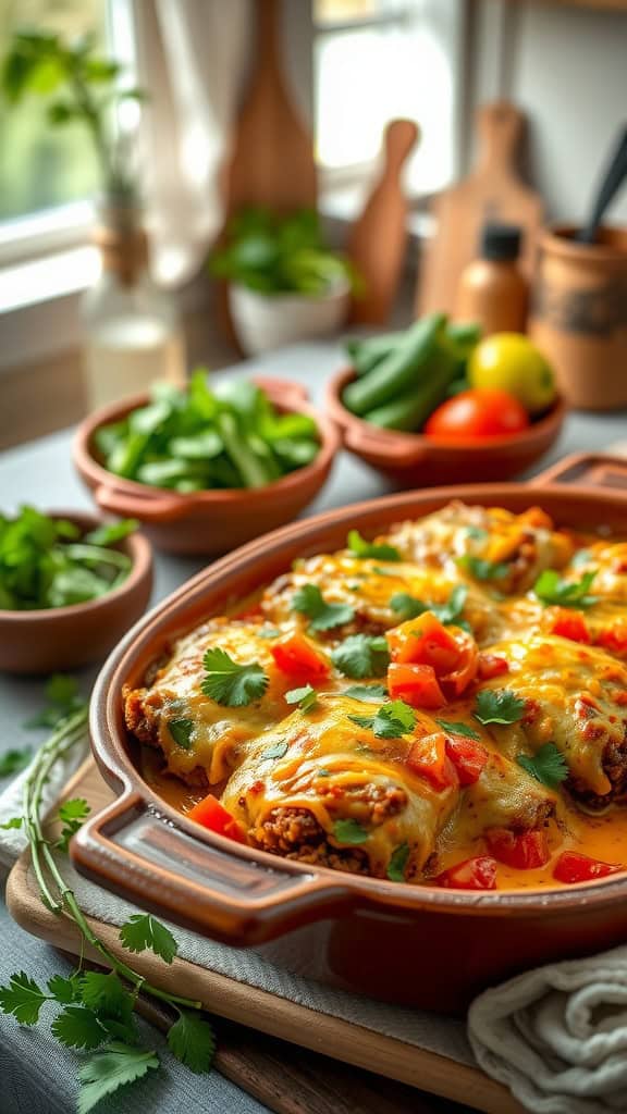 Stuffed poblano casserole with beef and cheese, topped with diced tomatoes and cilantro.