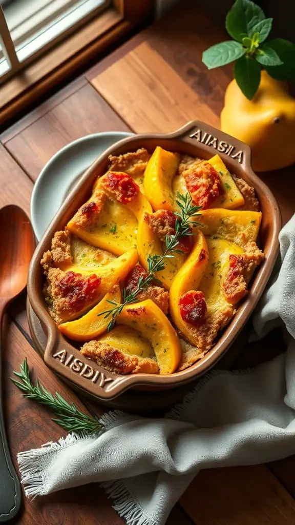 A delicious stuffed squash cornbread casserole with layers of squash and creamy filling.
