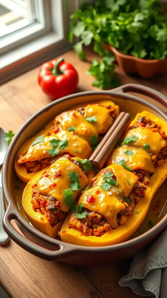 Stuffed squash halves filled with enchilada filling and topped with melted cheese.