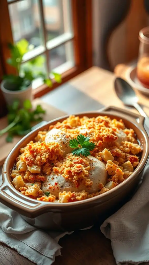 A casserole dish filled with a chicken cordon bleu casserole topped with stuffing, garnished with parsley.