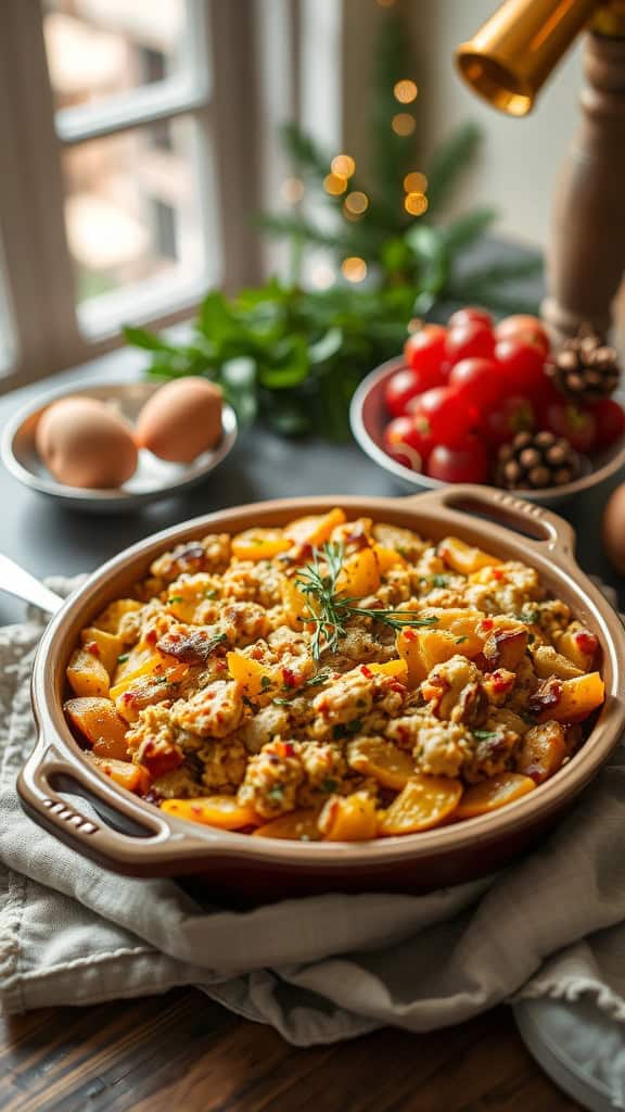 A casserole dish filled with stuffing-topped squash, garnished with herbs.