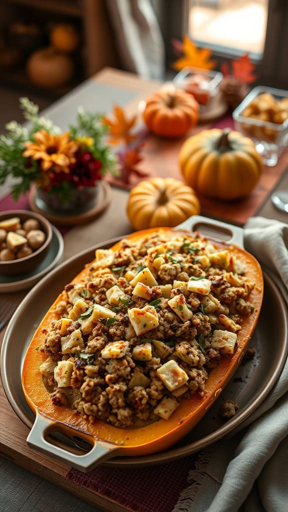 A delicious stuffing-topped squash casserole with a golden crust, perfect for holiday meals.