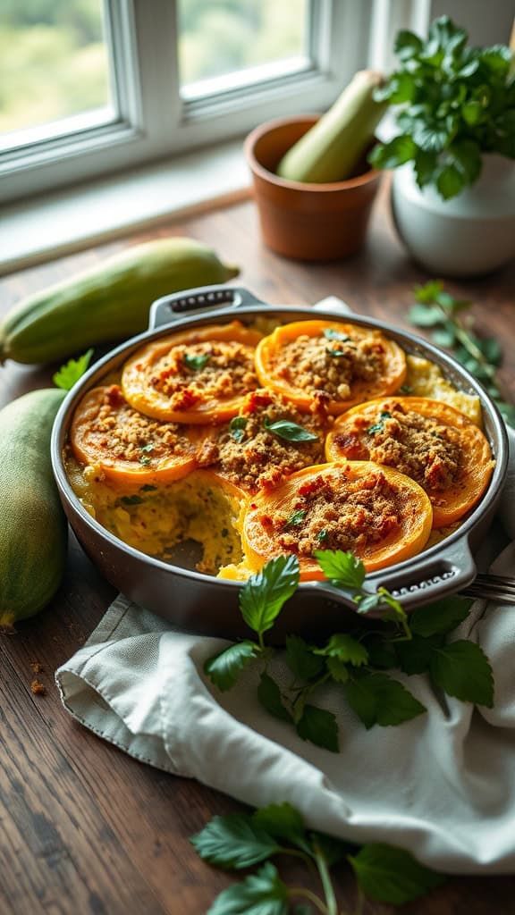 A delicious baked summer squash casserole topped with breadcrumbs, ready to be served.