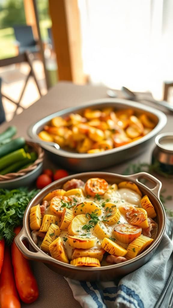 A delicious summer squash casserole bake in a dish, ready to be served.