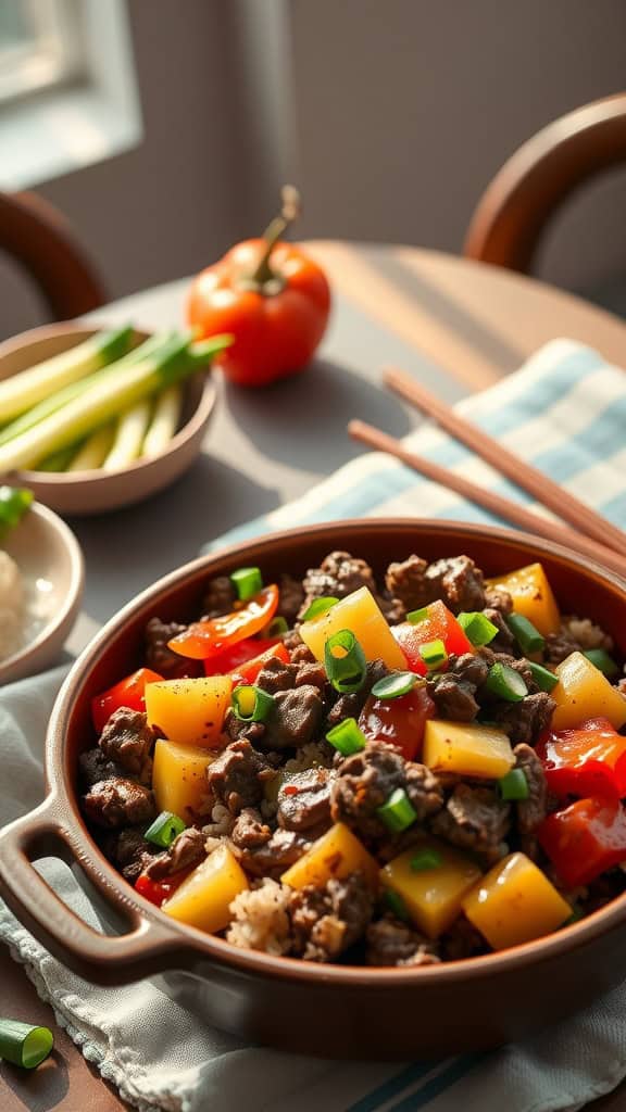 Sweet and Sour Hamburger Casserole with bell peppers and pineapple