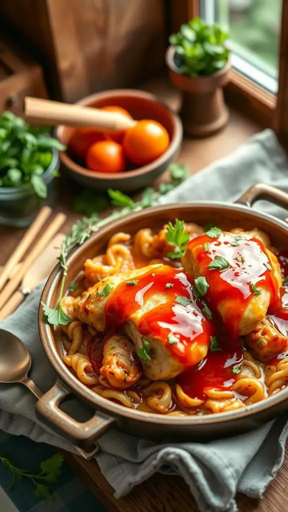 Sweet and Spicy Chicken Cordon Bleu Casserole with honey and chili sauce glaze