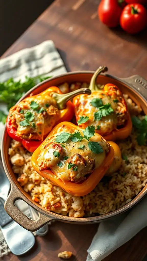 A bowl of stuffed peppers filled with chicken and rice, garnished with herbs.