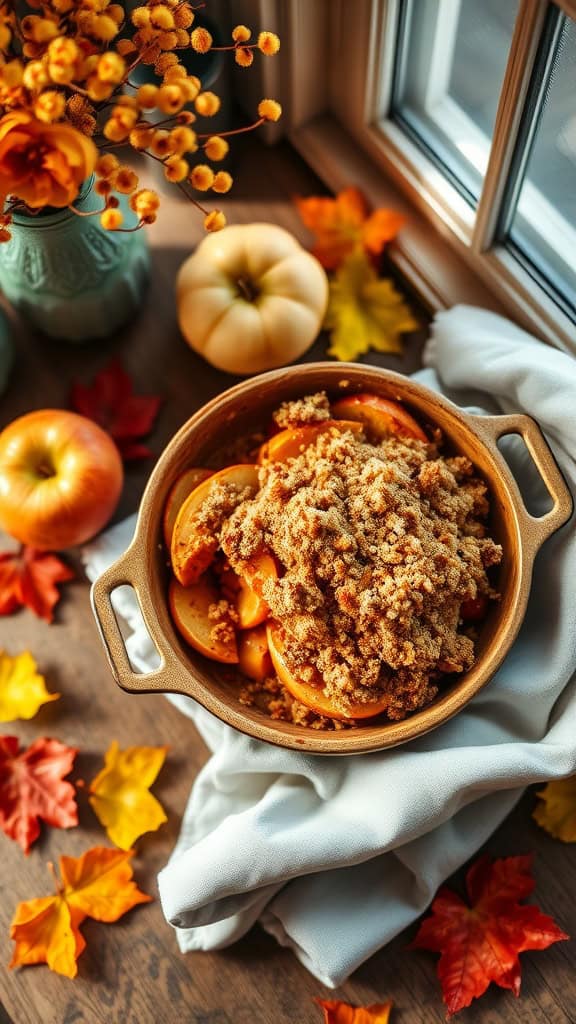 Sweet Potato and Apple Crumble with streusel topping in a cozy setting