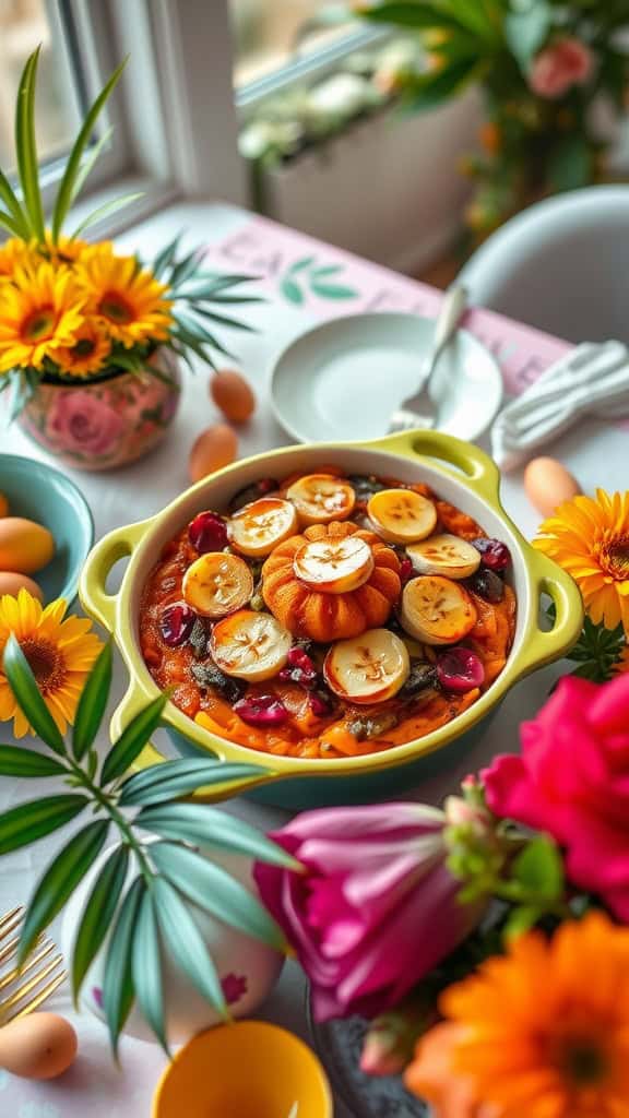 A vibrant sweet potato and banana bake with caramelized bananas on top, perfect for Easter brunch.