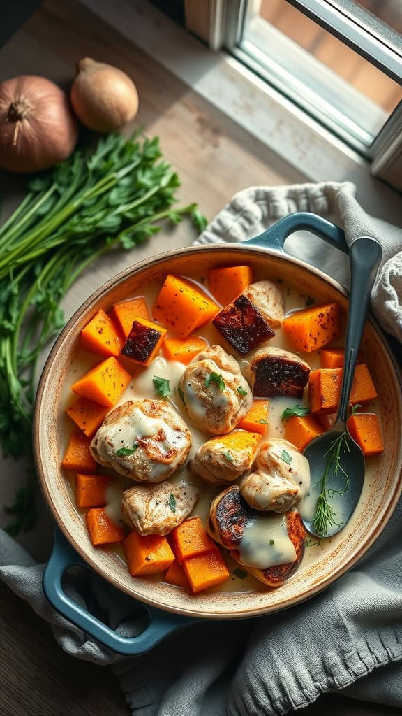 A delicious casserole featuring roasted sweet potatoes and chicken in a cream sauce, garnished with parsley.