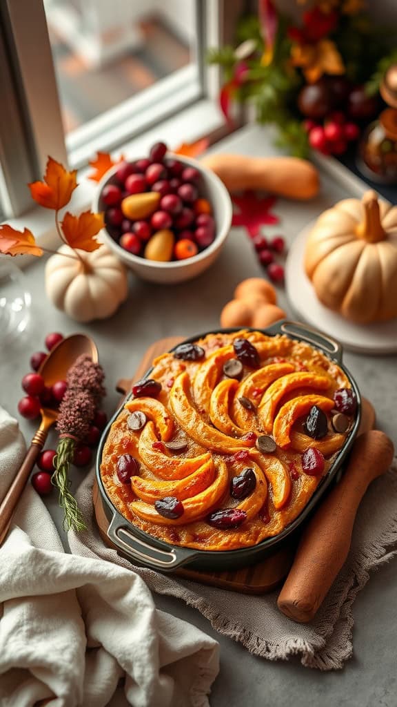 A comforting sweet potato and cranberry casserole ready for Thanksgiving.