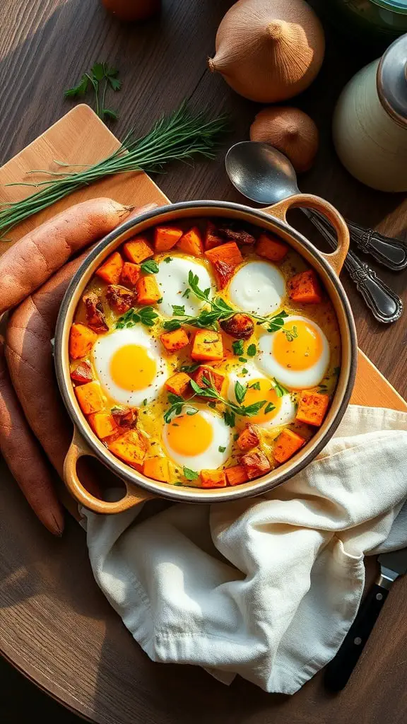 Sweet Potato and Goat Cheese Egg Bake with roasted sweet potatoes and eggs