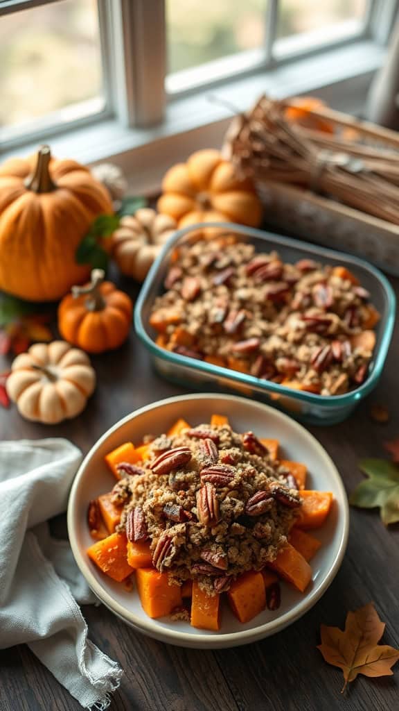 A delicious sweet potato and pumpkin casserole topped with pecans, perfect for fall celebrations.