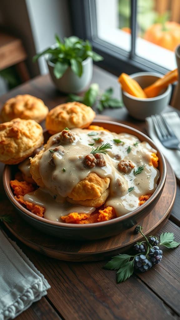 Delicious sweet potato biscuit casserole topped with sausage gravy.