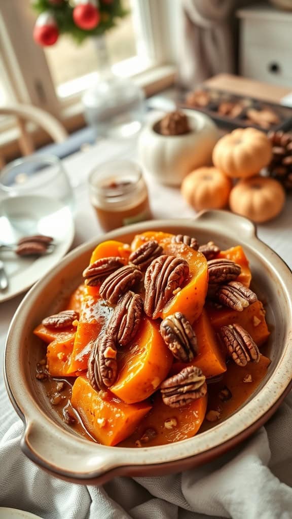 Delicious sweet potato casserole topped with pecans and bourbon sauce, perfect for festive dinners.