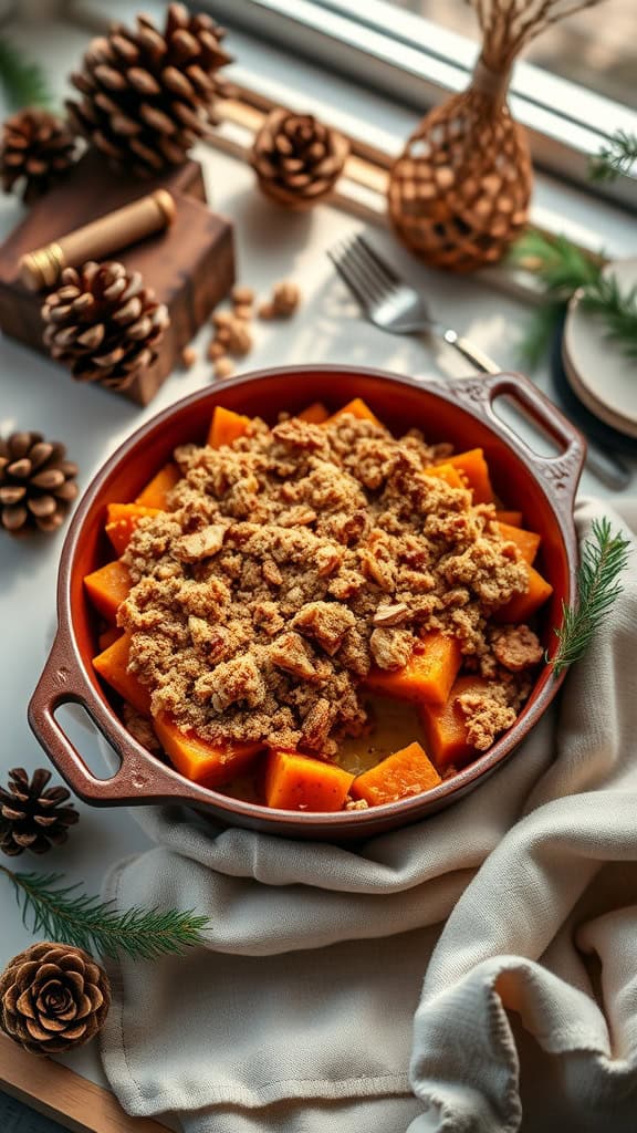 A cozy sweet potato casserole topped with a cinnamon streusel, perfect for winter nights.