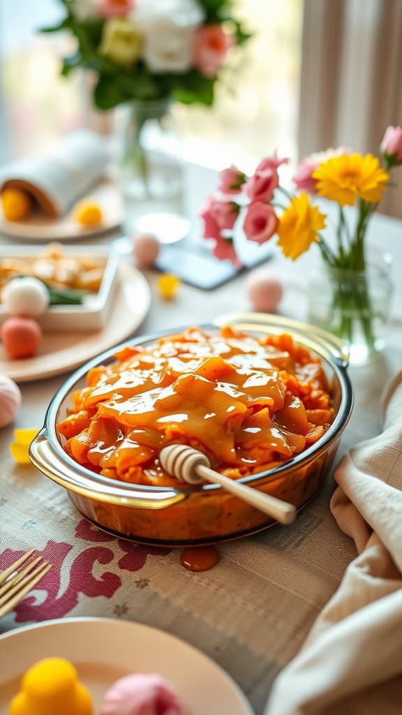 A sweet potato casserole with a honey glaze, garnished with marshmallows and pecans, served at a festive table.